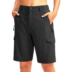 Women's 10" Hiking Golf Long Shorts with 5 Pockets Knee Length Lightweight Quick Dry Cargo Bermuda Shorts for Women (Large, Black)