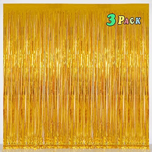 Foil Fringe Curtains Party Decorations for 2026 NYE - Melsan 3 Pack 3.2 x 8.2 ft Tinsel Curtain Party Photo Backdrop for Birthday Party Baby Shower or Graduation Decorations (Pure Gold)
