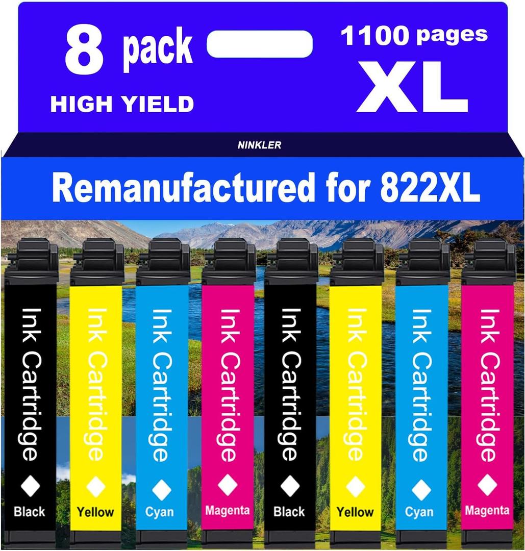 Remanufactured for Epson 822 Ink Cartridges for 822XL T822 Workforce Pro WF-3820 WF-3823 WF-4820 WF-4830 WF-4833 WF-4834 Printer 8 Pack 2 Black 2 Cyan 2 Magenta 2 Yellow
