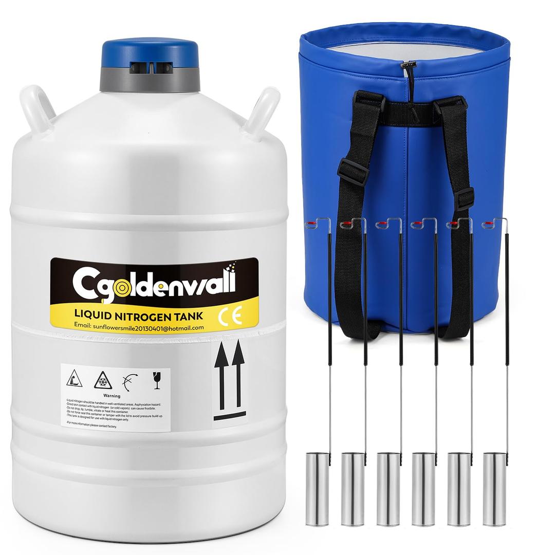CGOLDENWALL 20L Liquid Nitrogen Container Cryogenic Container LN2 Tank Aluminum Alloy Dewar Liquid Nitrogen Dewar with 6 Canisters and Carry Bag