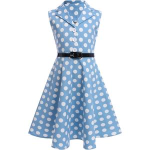 Kids Girls 50s Audrey Vintage Polka Dot Swing Party Rockabilly Dress Retro Peter Pan Doll Collar Wedding Casual Skater Dress (Blue)