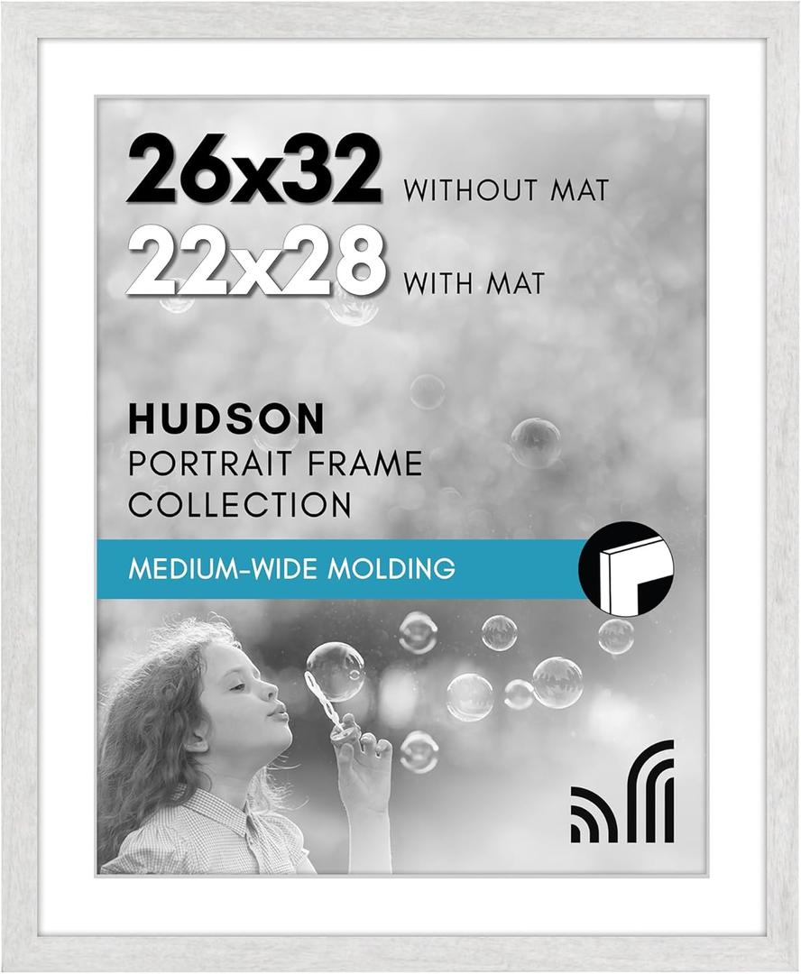 Americanflat 26x32 Picture Frame with Polished Plexiglass - Use as 22x28 Frame with Mat or 26x32 Frame Without Mat - Hudson Collection - Wide Photo Frame for Wall Display - White