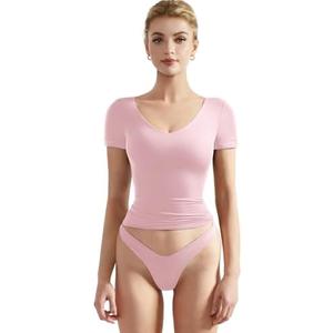 SUUKSESS Women Double Lined Fitted Basic Tee Sexy V Neck Short Sleeve Y2K Crop Top, 

Size S