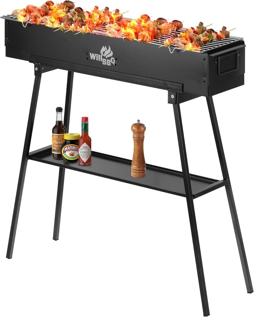 Charcoal Grills Commercial Quality Portable Multiple Size Hibachi BBQ Lamb Skewer Folded Camping Barbecue Grill for Backyard Party Picnic Travel Outdoor Cooking Use(31.6x7.1x5.1 inch), Black