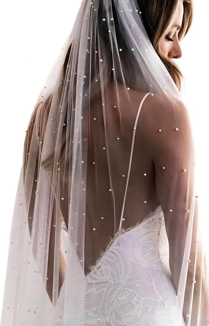 Pearls Wedding Bridal Veil With Metal Comb for Women 1 Tier