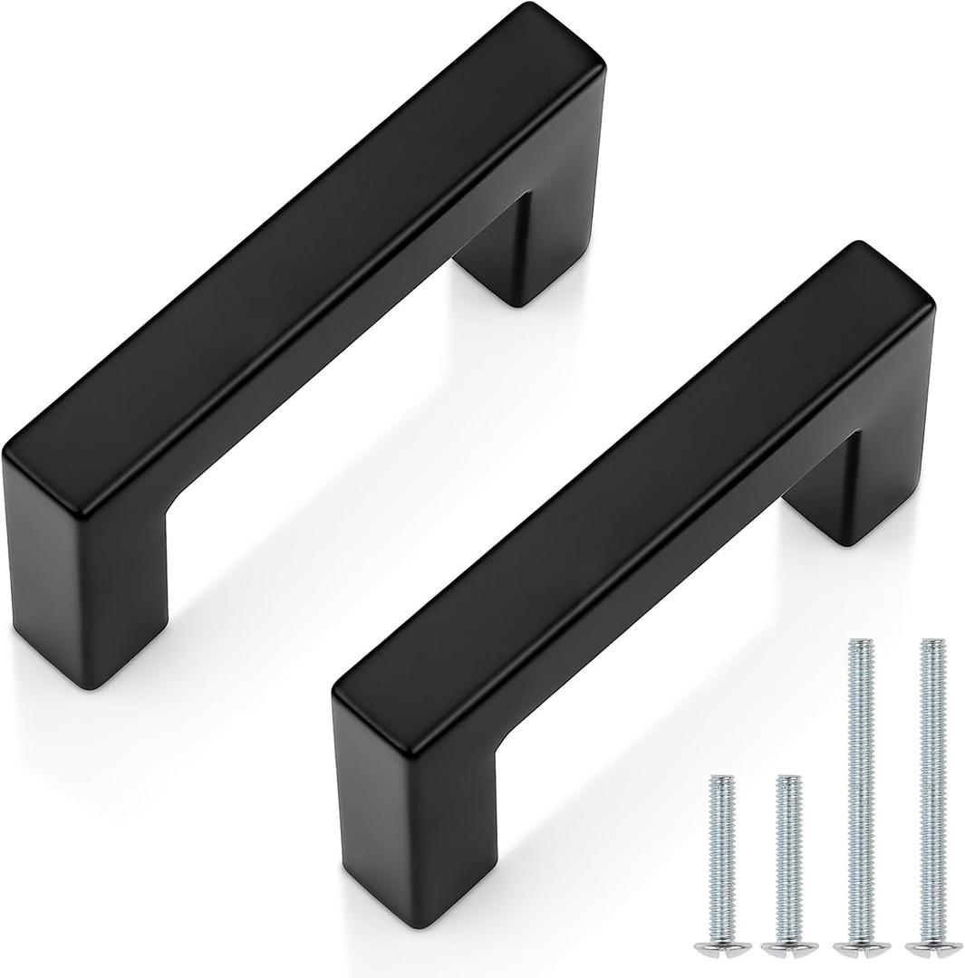 Probrico 25 Pack| Black Cabinet Handles 2-1/2 Inch(64mm) Hole Centers Drawer Pulls Stainless Steel Kitchen Cabinet Handles Matte Black Square Drawer Handles Modern Cabinet Hardware