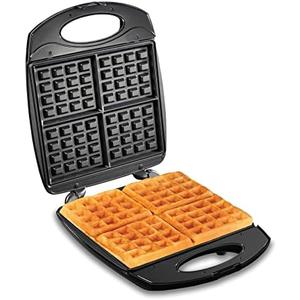 Hamilton Beach Non-Stick Belgian Waffle Maker with Indicator Lights, Makes 4 4" x 5" Mini Waffles, Hashbrowns or Keto Chaffles at Once, Compact Design for Easy Storage, Black & Stainless Steel (26020)