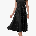 Girls Bohemian Dresses Casual V Neck Ruffle Cap Short Sleeve Swiss Dot A-Line Belt Pleated Hem Maxi Long Sun Flowy Dress Size 13-14 Y