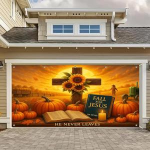 Thanksgiving Garage Door Cover 13x6Ft Christian Fall For Jesus Garage Decor Thanksgiving Decorations for Home Pumpkin Barn Thanks Giving Door Banner Autumn Outdoor Porch Decoration Religious Garage Door Mural