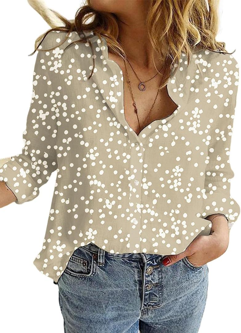 Dokotoo Women's Casual V Neck Alicia Floral Print Roll Up Long Sleeve Chiffon Button Down Blouses Bohemian Top Shirts (Beige, S)