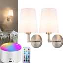 Battery Operated Wall Sconces set of Two,Wireless Wall Sconces with 10000mAh Dimmable Bulb and Remote,LED 15 Colors Rechargeable Gold Wall Sconce with Fabric for Bedroom Living Room Hallway Wall Decor