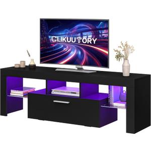 Clikuutory Modern Lighting 51 inch TV Stand with Large Storage Drawer for 32 40 50 55 Inch TVs, TV Console with 20 Color LED Lights, Entertainment Center Media and Open Shelf for Bedroom, Black