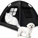 Open Design Pet Tent, Cozy Monitoring Bed for Cats & Puppies, Breathable Mesh Walls for Security & Ventilation, Indoor Outdoor Travel, Black (Small)