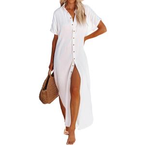 Dokotoo Swimsuit Beach Vacation Clothes Cover Ups for Women 2026 Outfits Summer Dresses Button Down Long Kimonos Cardigan Short Sleeve Side Split Casual Solid Loose Fit Fashion Bathing Suit White S