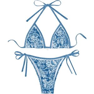 SHENHE Women's 2 Piece Halter Swimsuit Textured Tie Side Triangle Bikini Bathing Suit Blue and White Large