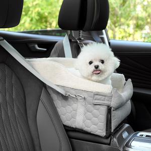 Center Console Dog Car Seat, Detachable Washable Dog Booster Seat, Adjustable Safety Belts and Built-in Leash Pet Carseat, Portable Puppy Travel Carrier with Cushion for Small Dogs Cats(Gray) (17"L x 10"W x 9"H)