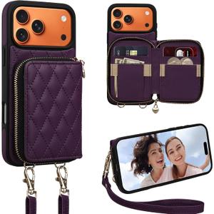 Keallce Case for iPhone 17 Pro Max 6.9'' Wallet Case, Crossbody Zipper Purse with Wrist Strap Lanyard Handbag, RFID Blocking Card Holders, Flip Leather Cover for iPhone 17 Pro Max, Darkpurple