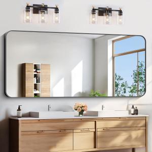FORBATH Large Bathroom Mirror 72x30 Inches, Black Oversized Wall Mirror for 2 Sinks Aluminum Frame Wall Mounted Rounded Corner Modern Mirror for Bathroom Bedroom Entryway Living Room