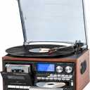 Multi-Format 9-in-1 Record Player for Bedroom and Study, 3-Speed Turntable with Bluetooth Input, CD/Cassette, USB/SD, AM/FM Radio, Built-in Speakers, RCA Line Out, Headphone Jack, Remote, Light Brown
