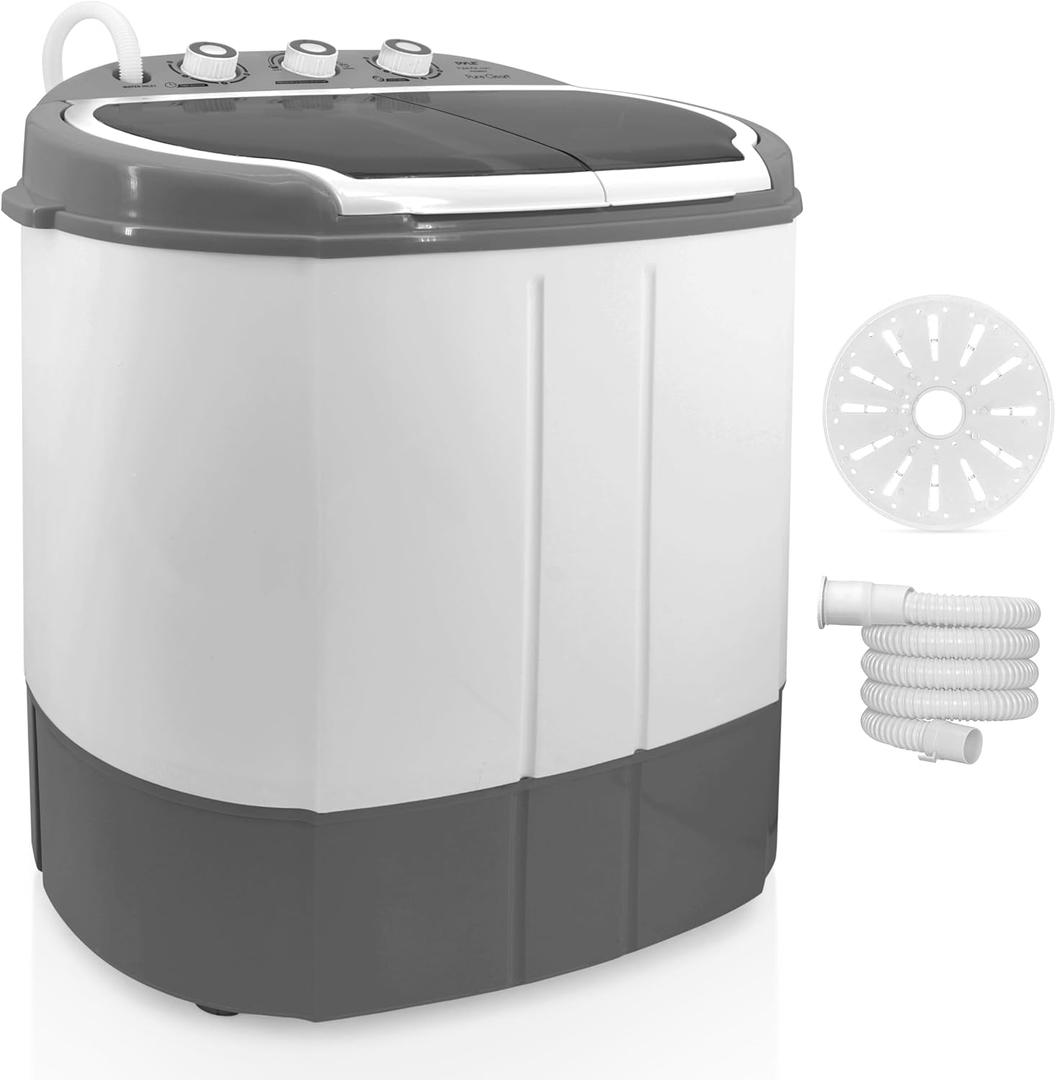 PURE CLEAN Compact Home Washer & Dryer, 2 in 1 Portable Mini Washing Machine, Twin Tubs, 11lbs. Capacity, 110V, Spin Cycle w/Hose, Translucent Tub Container Window, Ideal for Smaller Laundry Loads (Gray)