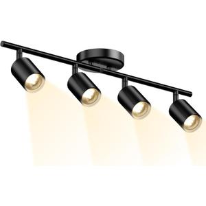 LED 4 Light Track Lighting Kit, Black Ceiling Spotlights, Modern Track Light Fixture with Flexibly Rotatable Light Heads for Kitchen, Living Room, Bedroom, Includes 4 x GU10 Bulb