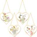 4 Pcs Heart Glass Pressed Flower Frame, Heart Hanging Floating Frames Double Pressed Dried Flower Plants Vintage Glass Gallery Wall Decor Fall Christmas Valentines Gift (6.5 x 6.5 Inch, Gold)