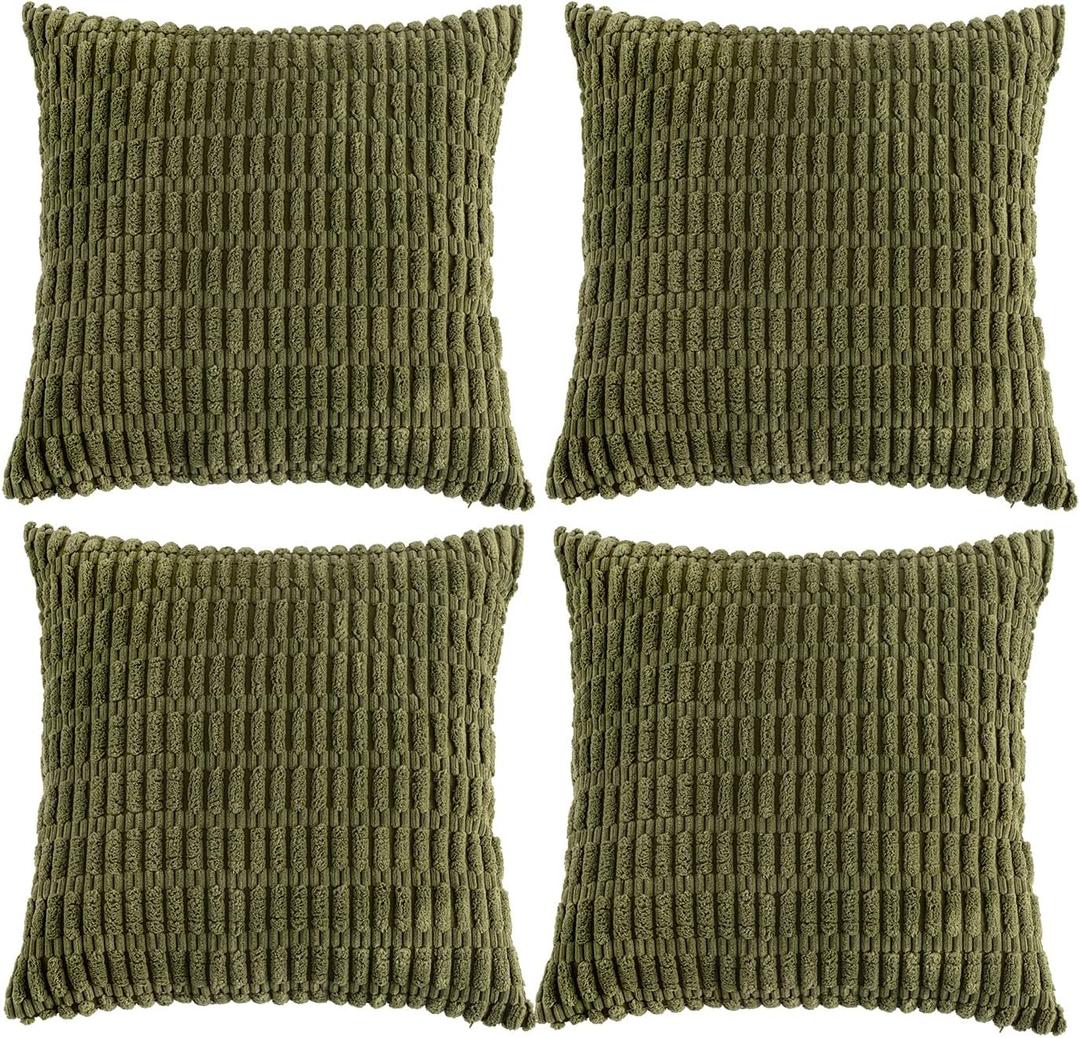Fancy Homi 4 Packs Boho Moss Green Decorative Throw Pillow Covers 18x18 Inch for Couch Bed Sofa, Rustic Modern Farmhouse Home Decor, Soft Plush Corduroy Cute Square Cushion Case 45x45 cm