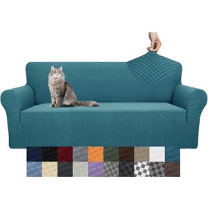 YEMYHOM Couch Cover Latest Jacquard Design High Stretch Sofa Covers for 3 Cushion Couch, Pet Dog Cat Proof Slipcover Non Slip Magic Elastic Furniture Protector (Sofa, Teal) (Large (71"-91"), Peacock Blue)