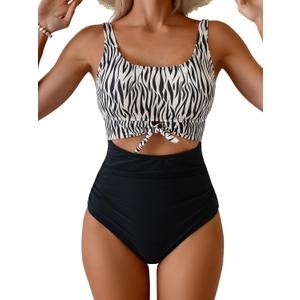 Eomenie Women's One Piece Swimsuit Tummy Control Slimming Bathing Suit Cutout Tie Knot Swimwear (Black) 2XL