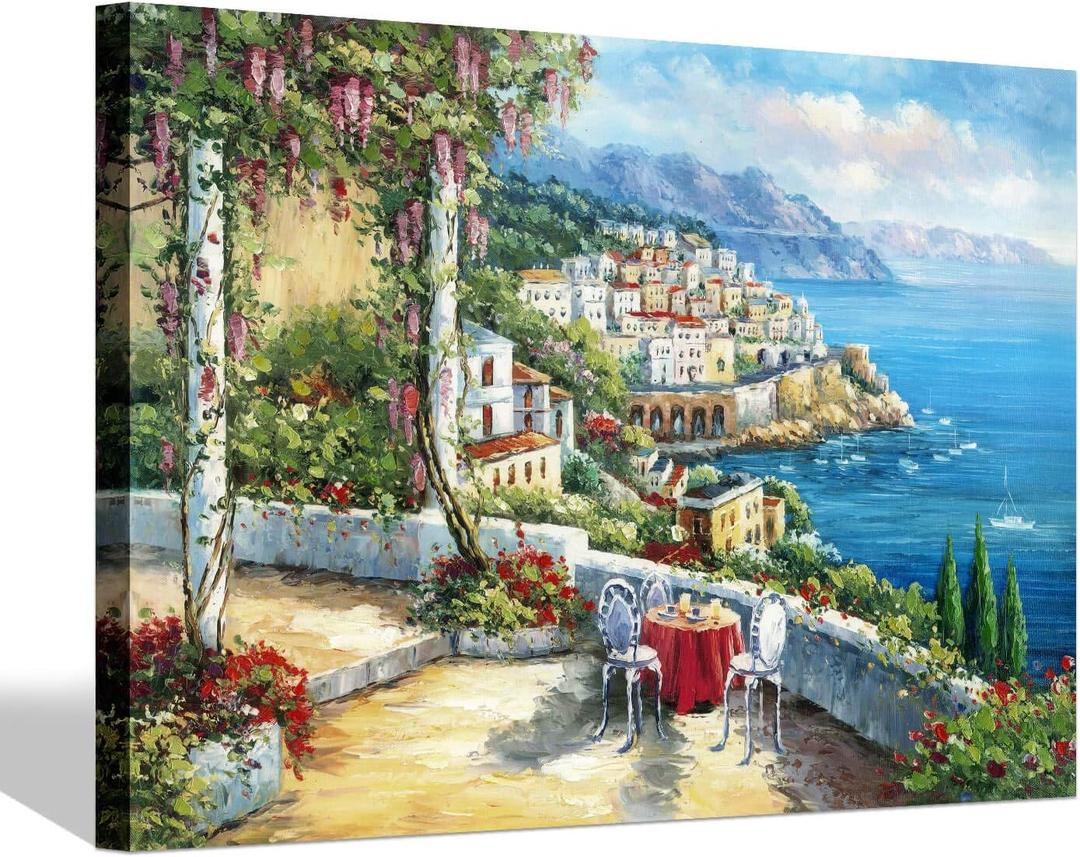 SD SOFT DANCE European Town Canvas Wall Art - Coastal Flower Garden Artwork Painting Reproduction Print for Office (24'' x 36'' x 1 Panel)