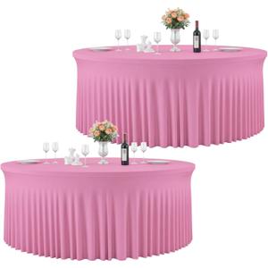 2 Pack 132inch Pink Round Tablecloth, Circle Stretch Table Cloths for 6 FT Tables, Wrinkle Free Round Table Skirt for Wedding Birthday Photography Party Social Events Engagement Party Decorations
