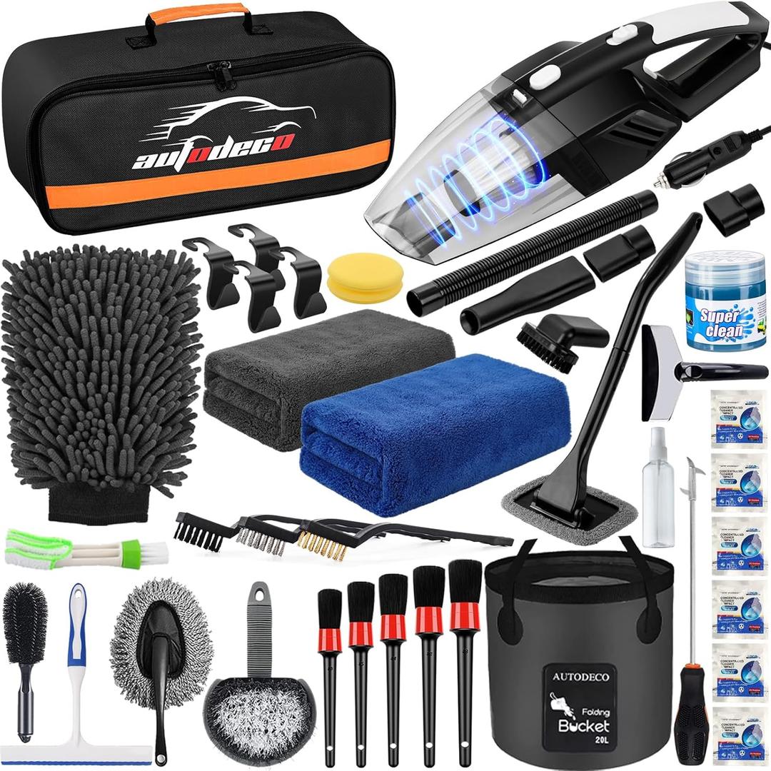 AUTODECO 41Pcs Car Cleaning Wash Kit Interior Detailing Cleaner Kit with High Power Handheld Vacuum, Collapsible, Windshield Tool, Snow Shovel, Tire Brush, Complete Car Care Tools, Black