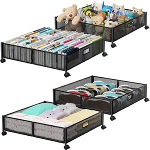 Under Bed Storage Containers with Wheels - Shoe Storage Organizer Drawer, Tool-free Assembly Metal Underbed Storage for Bedroom Clothes, Shoes, Blankets - 4Pack (4 Pack(23.623.6"), Black)