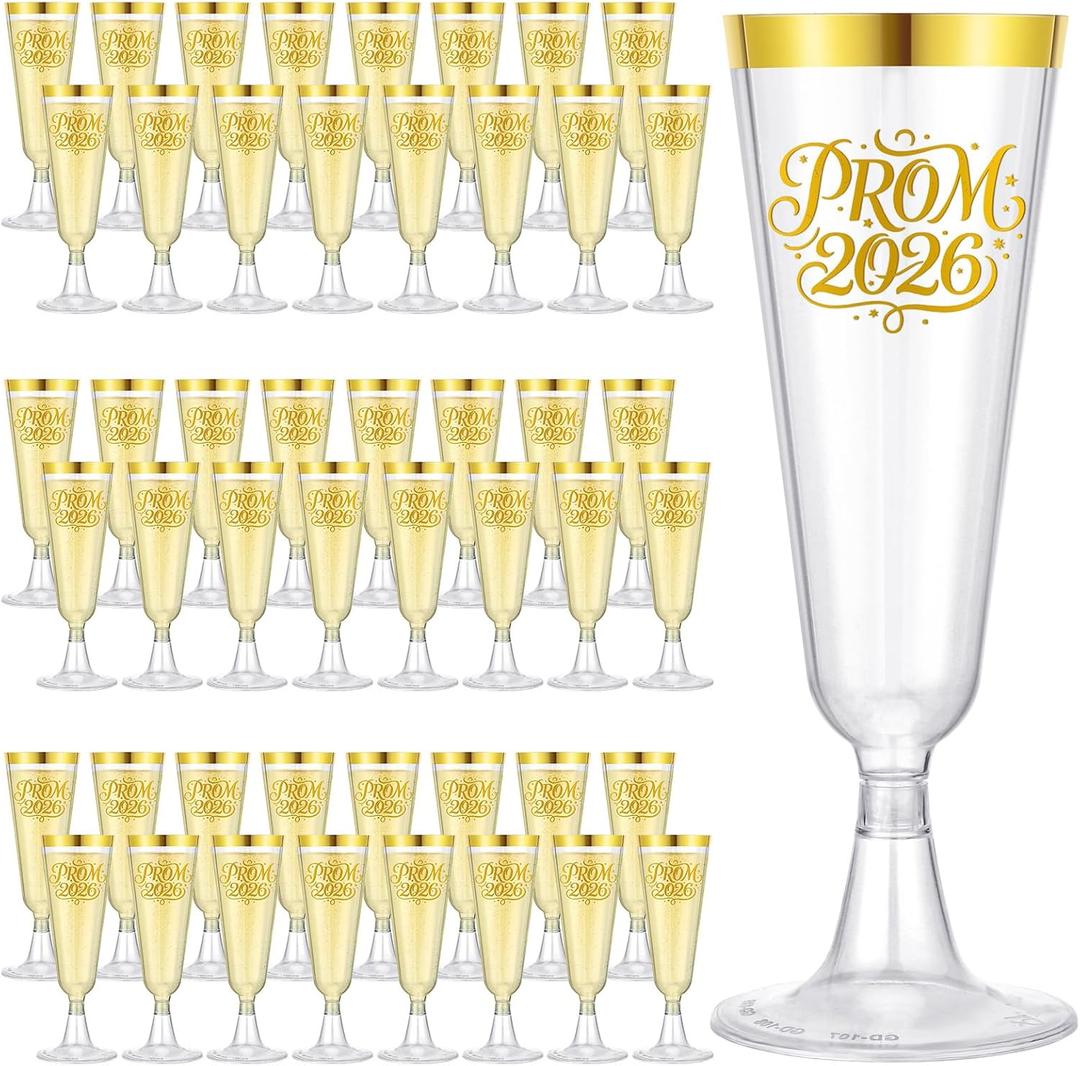 Jingmore 48 Pack Prom 2026 Plastic Graduation Champagne Flutes 5 oz Disposable Graduation Cocktail Cups Transparent Mimosa Glasses Party Favors Drinkware for Graduate Party(Prom 2026,Gold)