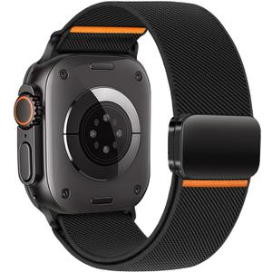 Magnetic Nylon Bands for Apple Watch Ultra 2 Band for Men 49mm 46mm 45mm 44mm 42mm iWatch Man,Stretchy Fabric Elastic Sport Strap Wristband for Apple Watch Series 10 9 8 7 6 5 4 3 SE Ultra2/Ultra (01-Black orange line)