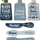PH PandaHall 6pcs Kitchen Wall Decor Bless Food Sign Set Wall Table Accessories Wooden Pendant Decorations Mini Plaque Fork Spoon Shape Sign Rustic Style Home Dector Blue, 11x5.5 inch/11.8x2 inch