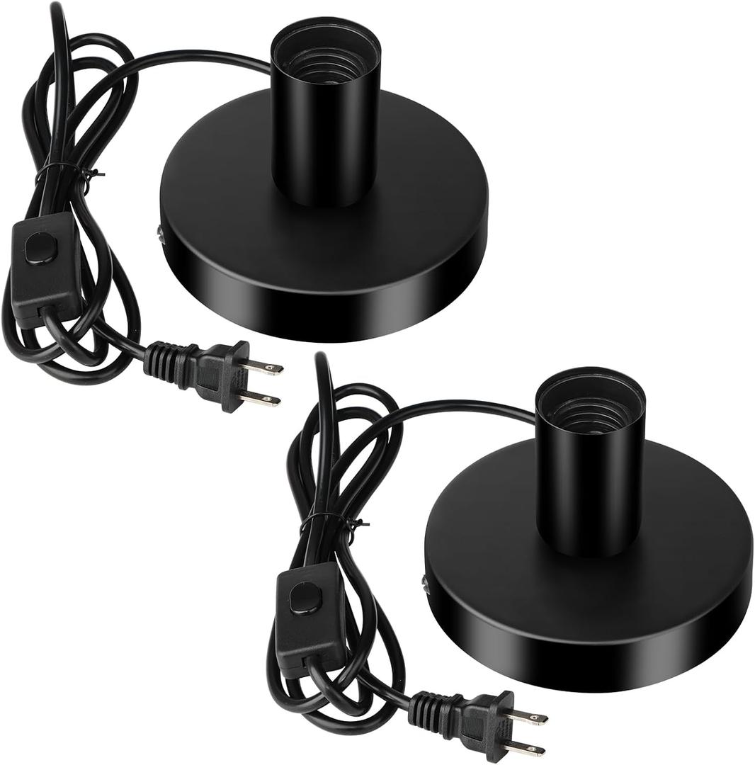 2Pcs Vintage Table Lamp Base Only, Metal Industrial E26/E27 Plug in Screw Light Bulb Socket with 5.6Feet Cord On/Off Switch Plug, Small Edison Desk Lamps Holder for Home Lighting Decor(Black)