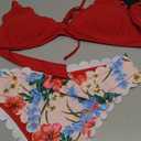SHEKINI Women's Scalloped Triangle Bikini Floral Print Bottom Two Piece Swimsuit (Red, Small)