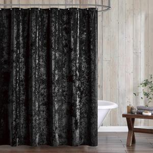 Fredsure Distressed Velvet Shower Curtain Set, 13 Pieces Black Including 1 Piece 72"x72" Shower Curtain and 12 Pieces Silver Hooks
