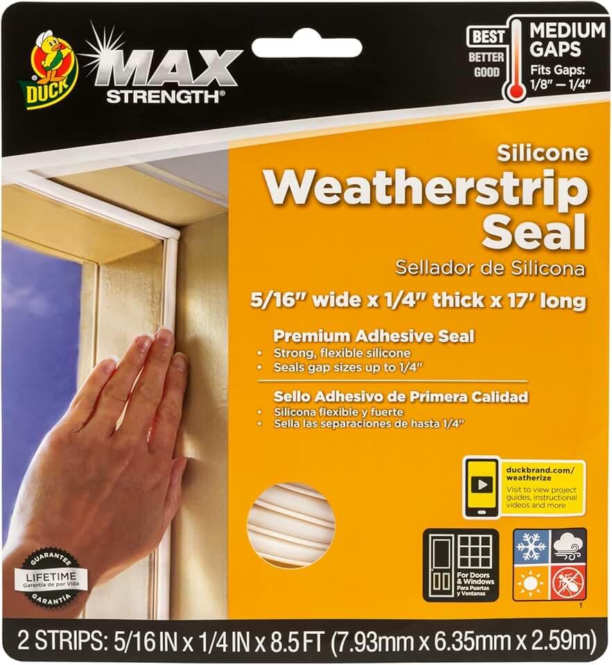 Duck MAX Strength Silicone Weatherstrip Seal, Self-Adhesive Premium Weatherproofing, .3125-Inch x .25-Inch x 17 Feet Long Total, White, 1-Roll, 281209