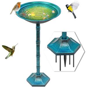 Metal Bird Bath for Outside, Freestanding Garden Metal Birdbaths with Stable Upgrades Stake, Easy to Clean Birdfeeder for Outdoors Garden Yard Lawn Decor (Blue)