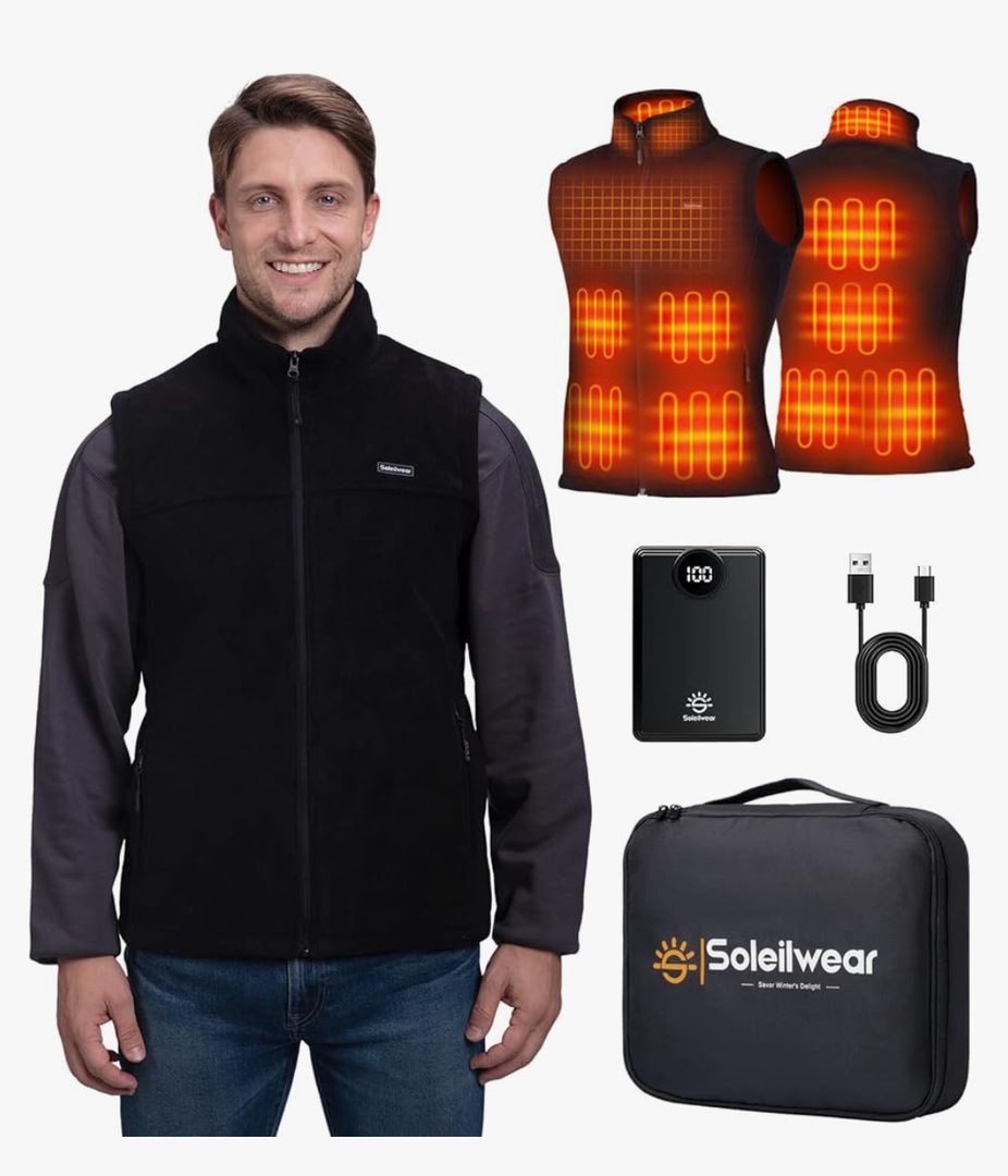 Soleilwear Heated Vest for Men, Fleece Vest with 12000mAh Battery Pack, Rechargeable Heated Jacket Indoor Outdoor Hunt Camp M
