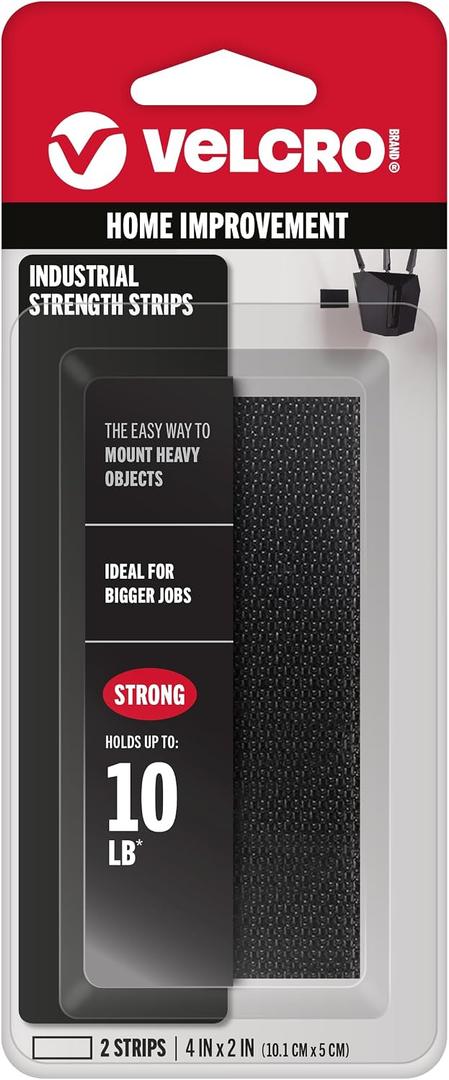 VELCRO Brand Industrial Strength Strips, 4 x 2 in, Black, 2 Sets
Adhesive Sticky Back Fasteners For Indoor And Outdoor Use, Holds Up To 10 Lbs On Smooth Surfaces