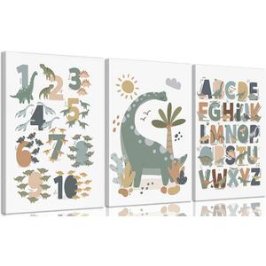 ZLXARTLA Dinosaur Alphabet Numbers Canvas Wall Art Kids Reading Room Wall Decor Pictures Nursery Prints Game Room Painting Artwork for Kids Room Playroom Classroom Reading Nook 12x16in