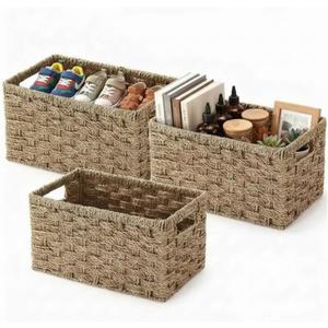 Briwooody 3 Pcs Rectangular Wicker Storage Baskets for Shelves Natural Woven Paper Rope Storage Baskets with Built in Handles 13 x 8.3 x 6.7 '' Kitchen Wicker Bins for Home Bathroom Pantry (Beige)