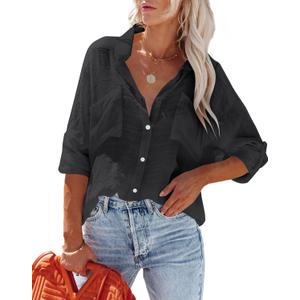 Womens Button Down Shirts Cotton Roll-up Long Sleeve Blouses Top with Pockets V Neck Casual Solid Tunics (Small)