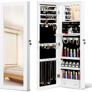 Mirror Jewelry Cabinet, Wall/Door Mounted Jewelry Armoire with Full-Length Mirror, Hanging Jewelry Organizer with LED Interior Lights, White