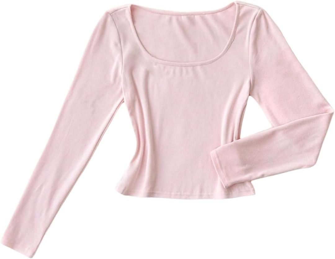 Girl's Long Sleeve Cropped T Shirts Square Neck Tee Slim Fitted Casual Basic Tops (Pink)