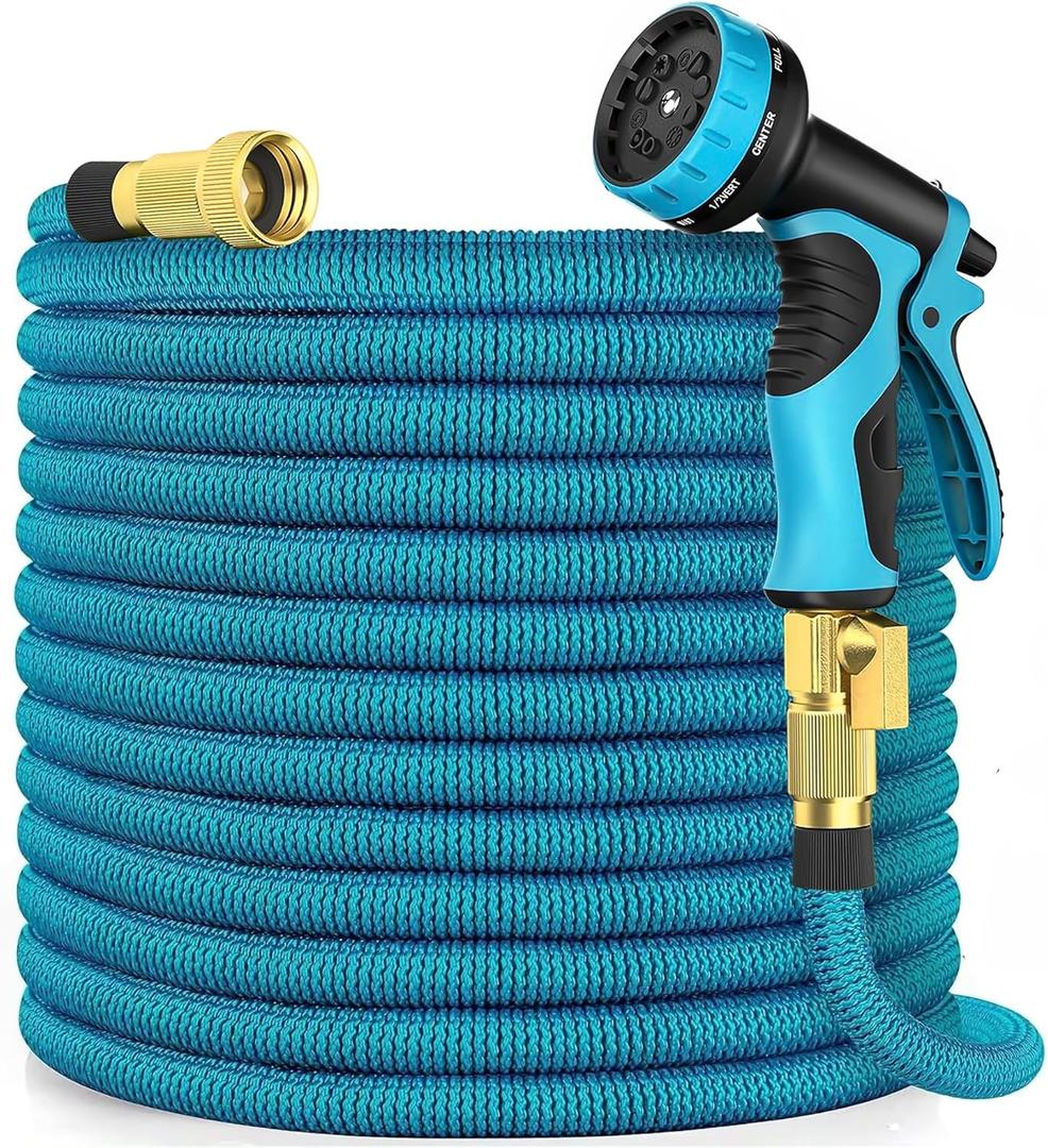Expandable Garden Hose 100 ft Water Hose with 10 Function Spray Nozzle, Lightweight Flexible Hose with 3/4 Inch Solid Fittings and 4-Layer Latex Core, 100ft Retractable Stretch Hose (Blue)