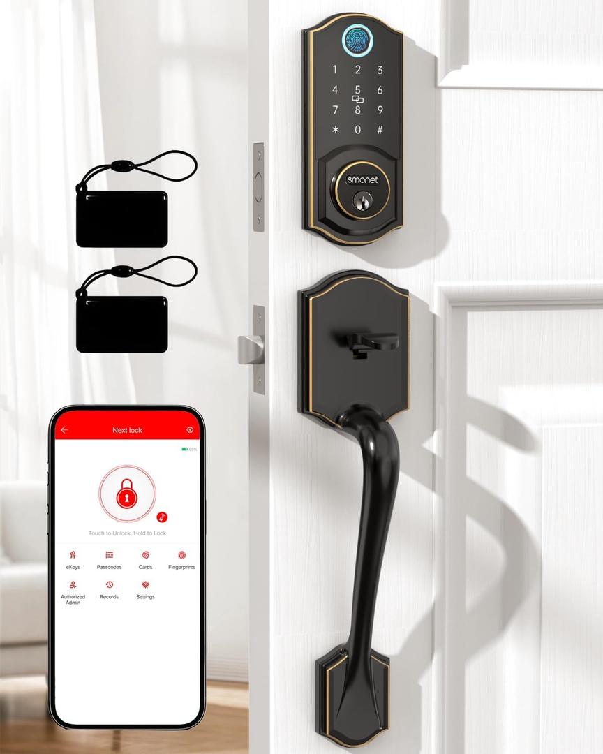 Smart Door Lock with Handle Set: SMONET Front Door Lock Set Keyless Entry Fingerprint Keypad Bluetooth Alexa Deadbolt Lockset Oil Rubbed Bronze